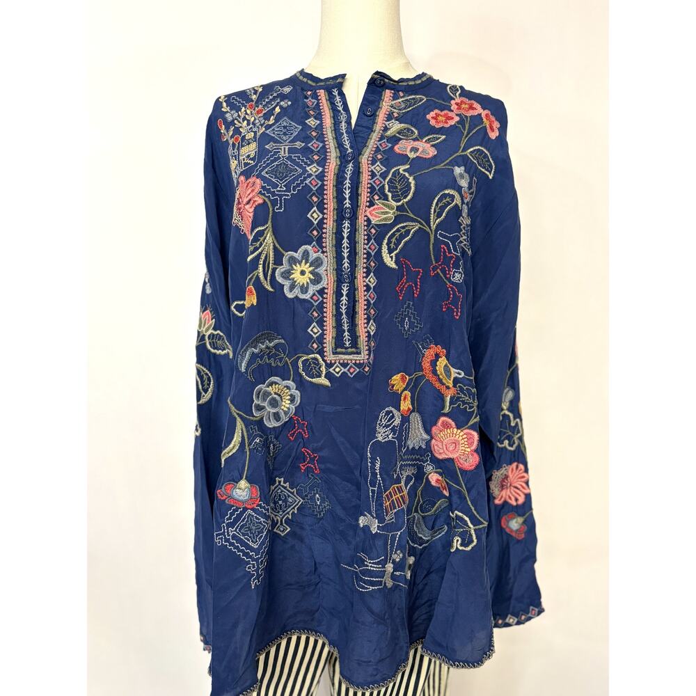 Johnny Was Blue Bird Silk Embroidered Tunic Blouse XXL NWT Floral Boho Peasant - Picture 3 of 9